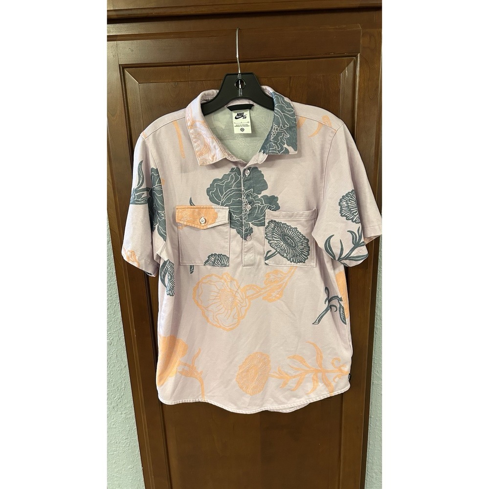 Nike SB Polo Shirt Floral Pattern Pink w/Orange & Gray Flowers Mens Small Skate